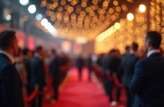 Red carpet event photo with blurred golden bokeh background, people in elegant suits. Festive gala atmosphere, glory, awards, ceremony. Celebration of success, entertainment, luxury lifestyle. VIP