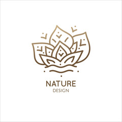 Nature logo of forest, sunny rays. Linear icon of landscape, trees and plants. Vector emblem of trees
