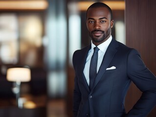 Fototapeta premium Professional man in suit, exuding confidence in modern office setting.