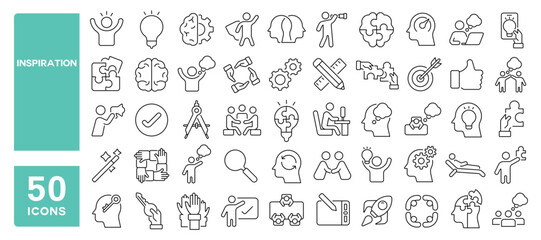 Set of 50 line icons related to inspiration, creativity, idea, innovation, vision, thinking, suggestion, brainstorm, share, puzzle, invention, Editable stroke. Vector illustration
