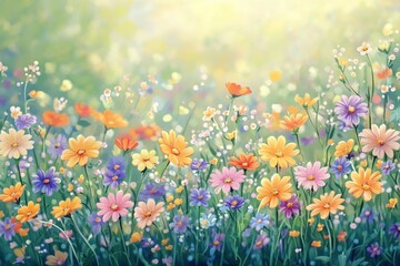 Naklejka premium Colorful wildflowers bloom in a meadow under a sunny sky