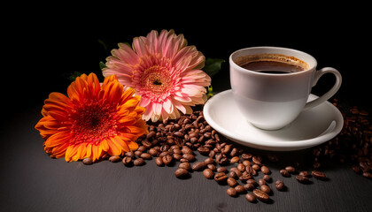 cup of coffee roasted coffee beans and pink orange flowers on a desk on a black background autumn flora and espresso