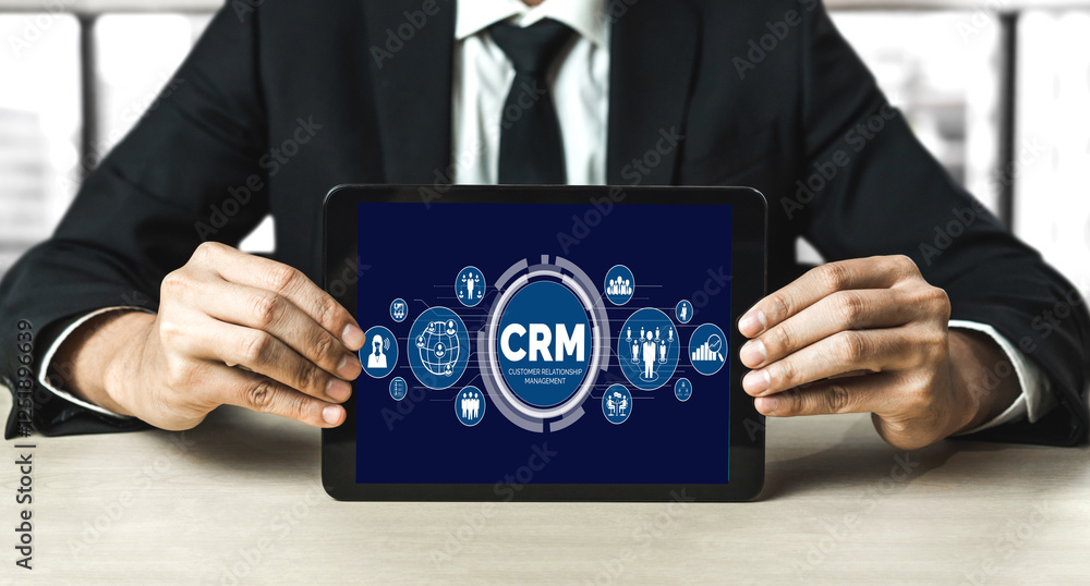 Poster customer relationship management system on modish computer for crm business and enterprise
