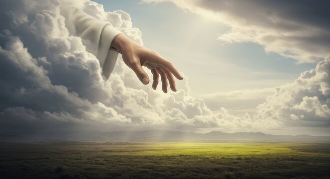 Divine Hand Reaching Out - A hand emerges from clouds, symbolizing hope, faith, divinity, salvation, and connection.  A peaceful landscape stretches below.