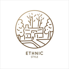 Home logo with trees. Vector emblem for business design, badge for a construction company, farming, ecology concept, spa, health and yoga Center.