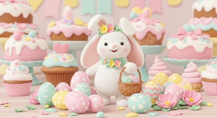 Easter Bunny and Pastel Treats - Adorable 3D  Easter bunny surrounded by pastel-colored cupcakes, cakes, and Easter eggs. Symbolizing spring, sweetness, celebration, new beginnings, and joy.