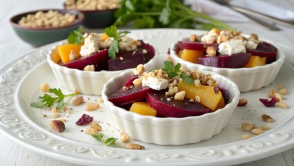 Delicious cheese and beetroot salad with crushed nuts served in elegant dishes