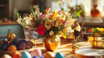 Luxurious Easter Table with Colorful Eggs, Floral Centerpiece, and Golden Bunny Decor in a Sunlit Modern Kitchen