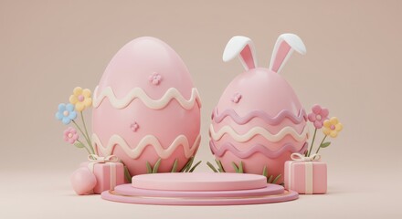 Easter Eggs and Bunny Display - Pastel pink Easter eggs, bunny ears, flowers, gifts, and a pink podium create a festive spring scene.  Symbolizing: Spring, celebration, new beginnings, joy, hope.