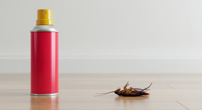 Effective Pest Control Solution - A red spray can stands beside a dead cockroach, symbolizing pest control, cleanliness, hygiene, safety, and home protection.