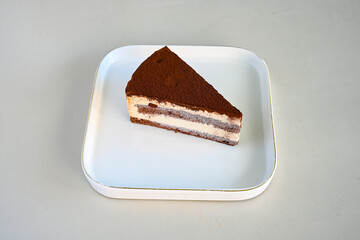 Perfect homemade tiramisu cake with fresh mint. Tiramisu portion on plate over gray background. Delicious no bake tiramisu ready-to-eat. Close up. Copy space