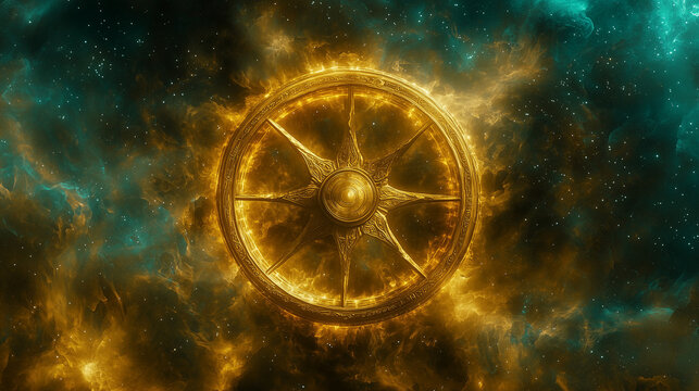 Golden Wheel of Samsara radiating energy in a cosmic background