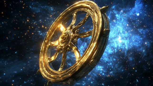 Golden Wheel of Samsara glowing in cosmic background