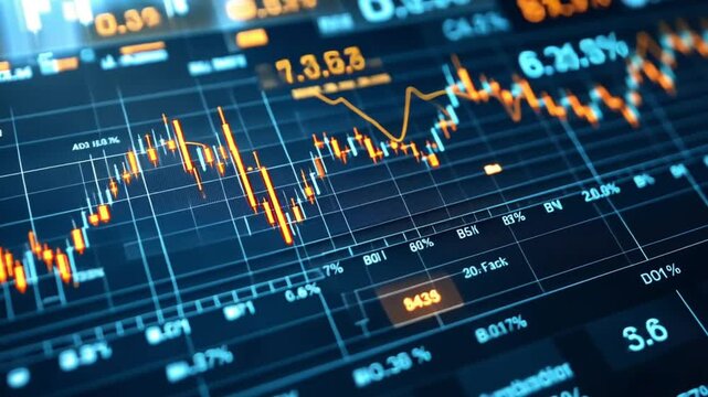 A digital stock market chart displays fluctuating financial data, showcasing economic trends, market analysis, and business investments with numerical graphs.