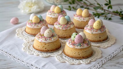 Mini Easter cakes filled with cottage cheese and decorated with pastel chocolate eggs on a lace doily