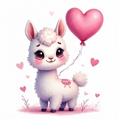 Watercolor drawing of cute white llama holding heart-shaped balloon for greeting card design. Decorative illustration for Valentine Day, mother day, birthday cards, invitation, sticker, nursery room