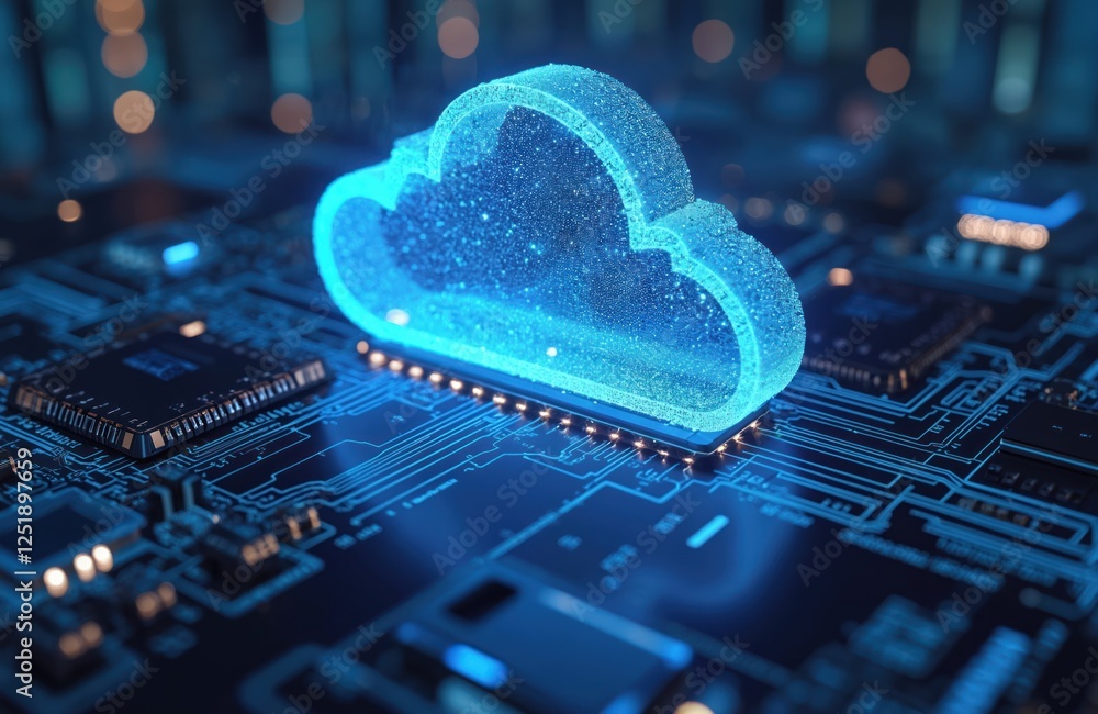 Poster Cloud computing concept. Digital cloud icon on circuit board. Futuristic tech. Data transfer via cyberspace, global network connection, online web services. Modern infrastructure, innovation. AI,