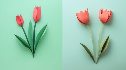 Minimalist paper tulips: red and pink floral origami art on pastel background