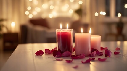 Romantic Valentine's Day Scene with Scented Candles, Rose Petals, and Warm Golden Glow