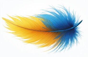 Obraz premium Illustration shows vibrant blue, yellow bird feather isolated on white transparent background. Feather soft, fluffy, lightweight with delicate plume, artistic design. Detailed macro closeup shows
