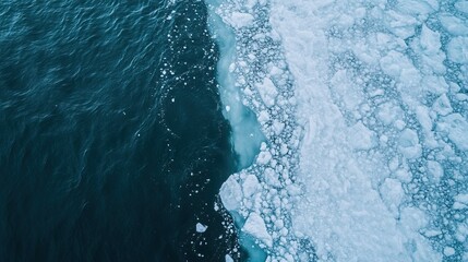 Fototapeta premium Aerial view of melting ice and calm ocean waters highlighting climate change impact and environmental conservation awareness. concept of ecology and environmental pollution