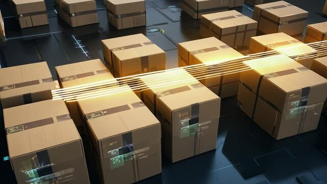 Cardboard boxes with barcodes arranged on a high-tech conveyor system. Indoor photography showcasing modern logistics and automated packaging