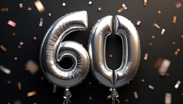 Silver balloons number 60 with glistering confetti on black background. Illustration for 60th birthday, 60 year anniversary, celebration party invite card design. Jubilee festive mood.