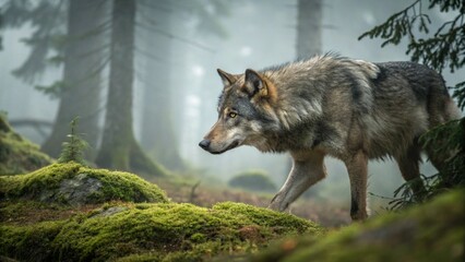 Fototapeta premium A breathtaking realistic photograph of a Timber Wolf stalking through the dense boreal forest AI Generative