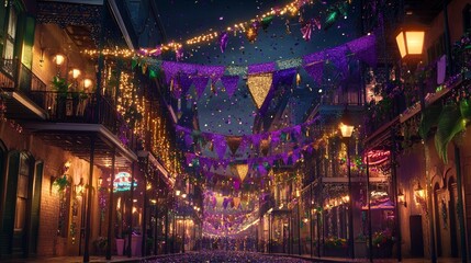 Vibrant Mardi Gras Street with Colorful Banners, Beads, Confetti, and Glowing Street Lamps at Night