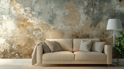 Cozy beige sofa with cushions in a modern living room, green plant, and tall lamp against a wall with mold growth, highlighting potential allergy triggers.