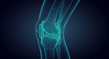 Human Knee Joint Anatomy - Detailed 3D wireframe model of a human knee joint, showcasing its complex structure and intricate network of bones, ligaments, and cartilage.  Symbolizes health, movement
