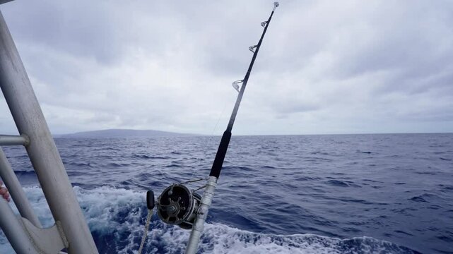 Large Fishing Rod on the side of a motor boat as it speeds through the Ocean off the coast of Maui, Hawaii.
