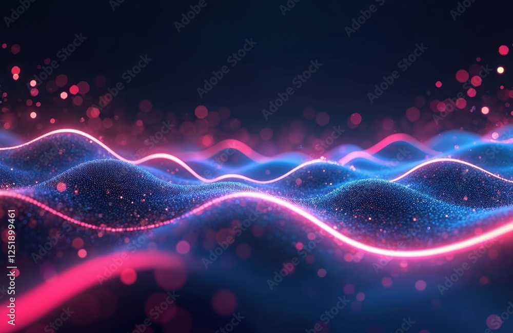 Leinwandbilder abstract futuristic background with blue pink glowing neon moving wave lines. bokeh lights. data tra