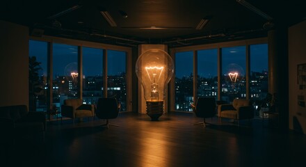 Illuminated Ideas: Night Cityscape - Giant lightbulb illuminates modern office at night, symbolizing innovation, inspiration, vision, progress, and success.