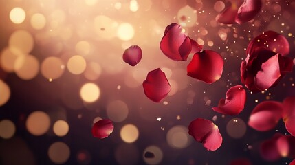Obraz premium Romantic Valentine's Day Scene with Sparkling Bokeh Lights and Floating Rose Petals in Dreamy Red and Pink Hues