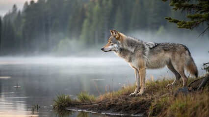 A captivating realistic photograph of an Eastern Wolf standing at the edge of a misty Canadian lake AI Generative