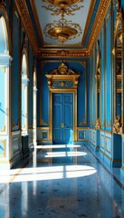 Fototapeta premium Gilded mirrors in a grand blue and gold foyer, blue, mirror