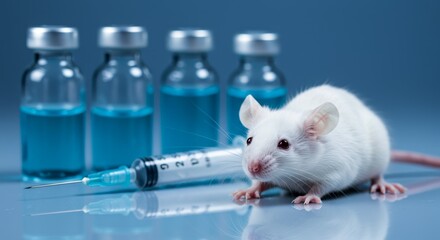 Medical Research Mouse and Vials - A white lab mouse sits near syringes and vials of blue liquid, symbolizing medical research, scientific progress, healthcare innovation, laboratory testing