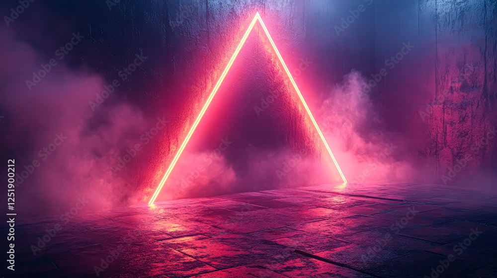 Poster neon sign with a triangle in the middle. the sign is lit up and is surrounded by a dark background