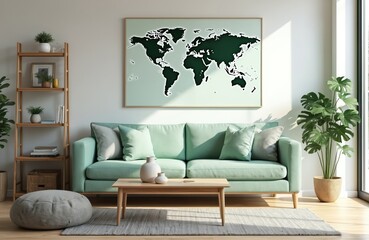 Contemporary interior features mint sofa map art and plant near window. Styled living room with decor bookshelf coffee table and pouf. Modern home design for eco lifestyle.