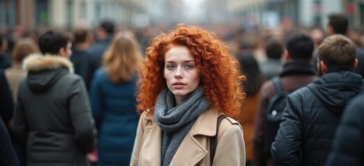 Fototapeta premium Young redhead woman looking at camera in middle of big crowd of people in city. Caucasian girl in coat, scarf, surrounded by many people. Urban fashion, lifestyle concept. Teamwork, community.