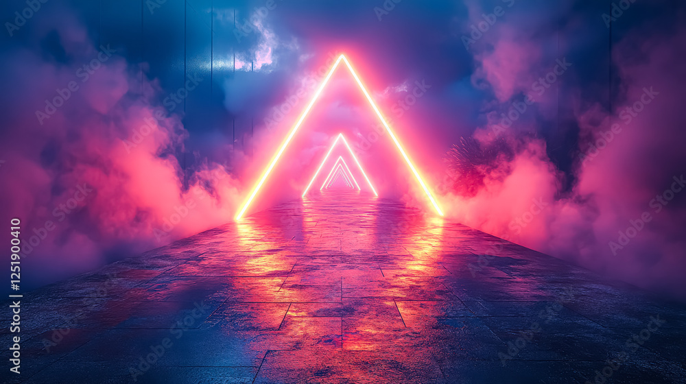 Poster neon sign with a triangle in the middle. the sign is lit up and is surrounded by a dark background