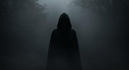 Mysterious Figure in Foggy Woods - A hooded figure stands alone in a dense, foggy forest, symbolizing mystery, secrecy, solitude, darkness, and the unknown.