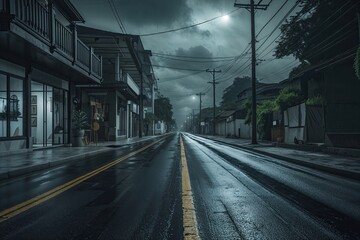 Obraz premium Enigmatic Black Tar Road Scenic View Featuring Artistic Studio Decor in a Solitary Street Setting