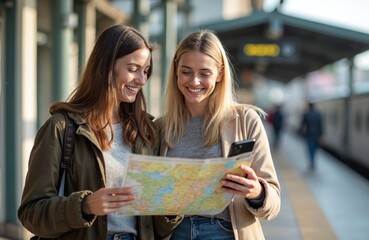 Two young smiling women navigate city streets using map, smartphone for directions. Friends explore urban areas sightseeing during tour. Travel tech blends tradition creating holiday adventure.