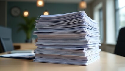 Stack of white paper sits on wooden desk against office background. This represents workload during report season in business finance job with documentation. Bureaucracy, paperwork, research concept.