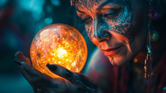 A wise fortune teller with intricate facial tattoos, gazing into a glowing orb