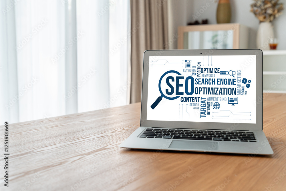 Poster seo search engine optimization for modish e-commerce and online retail business showing on computer 