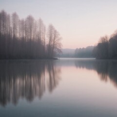 Fototapeta premium Tranquil misty lake at dawn with reflections of trees, serene atmosphere, soft colors, copy space 