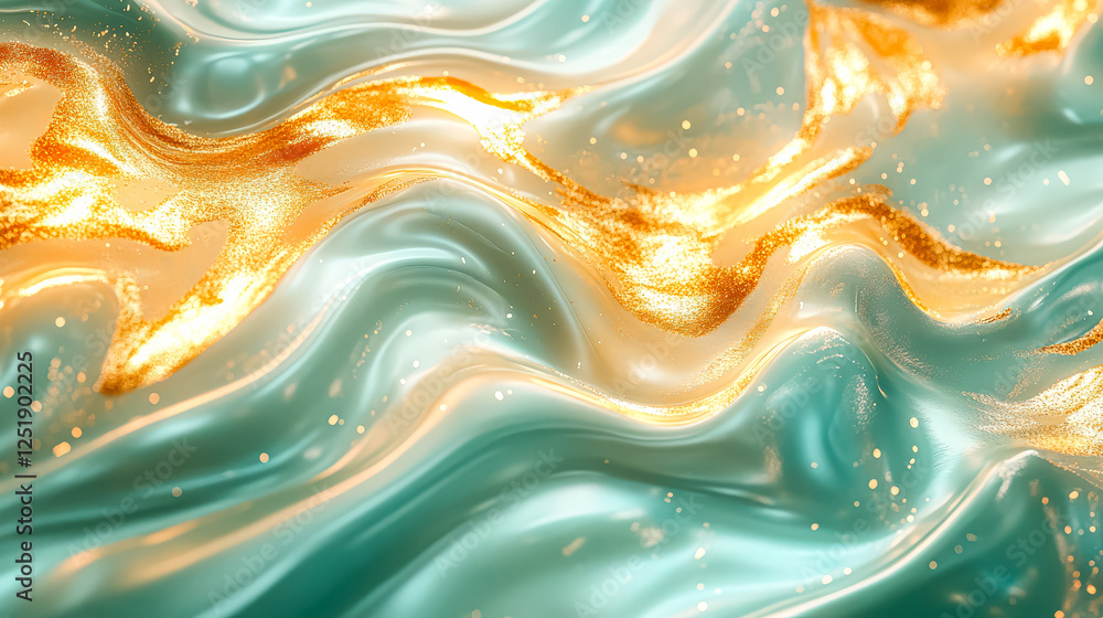 Poster gold and green wave pattern with a shiny, reflective surface. the image has a luxurious and elegant 